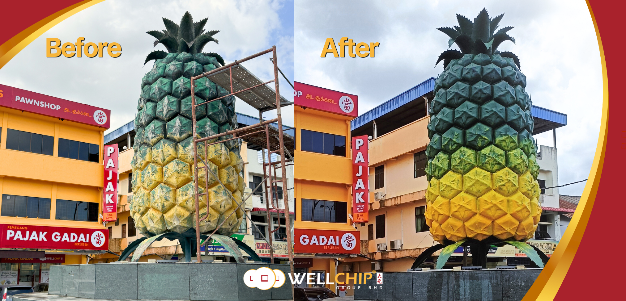 Well Chip Group CSR activity at Kedai Pajak Well Chip Pekan Nanas, sponsoring repainting works for the pineapple landmark.